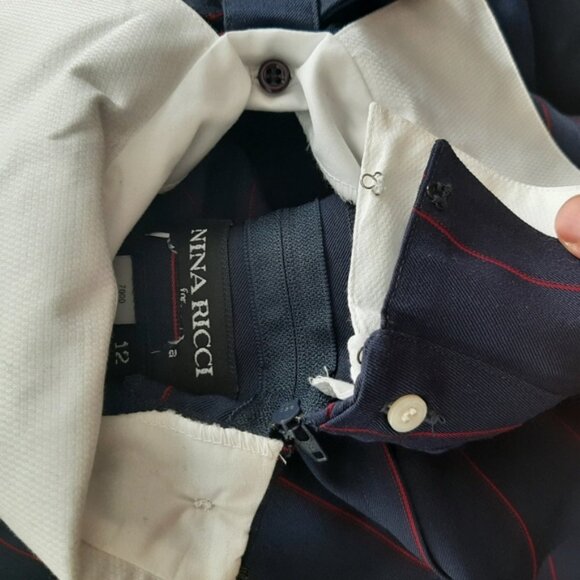 NINA RICCI Retro Maxi Length Long Pin-Stripe Dress White Collar Navy Blue Sz 12 - Picture 15 of 16